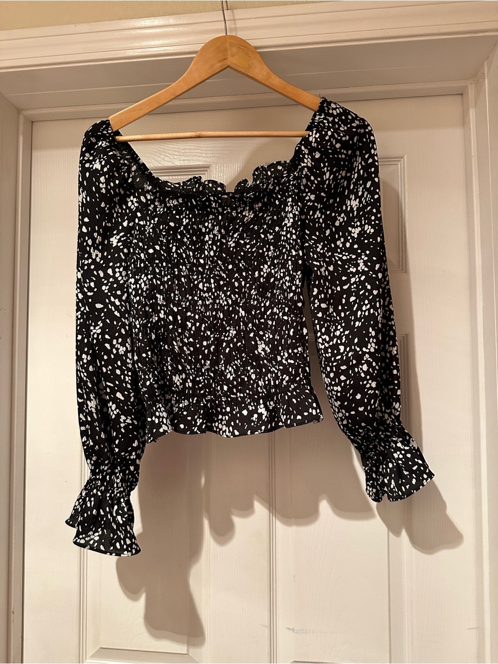 a new day Black and White Smocked Peasant Blouse